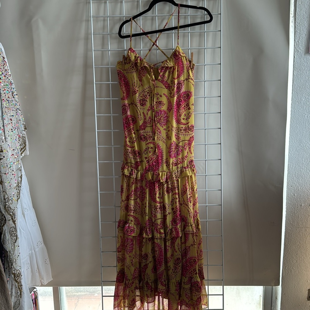 Paisley Print Knot Front Sleeveless Yellow and Pink Maxi Dress Size 4 - Picture 2 of 5